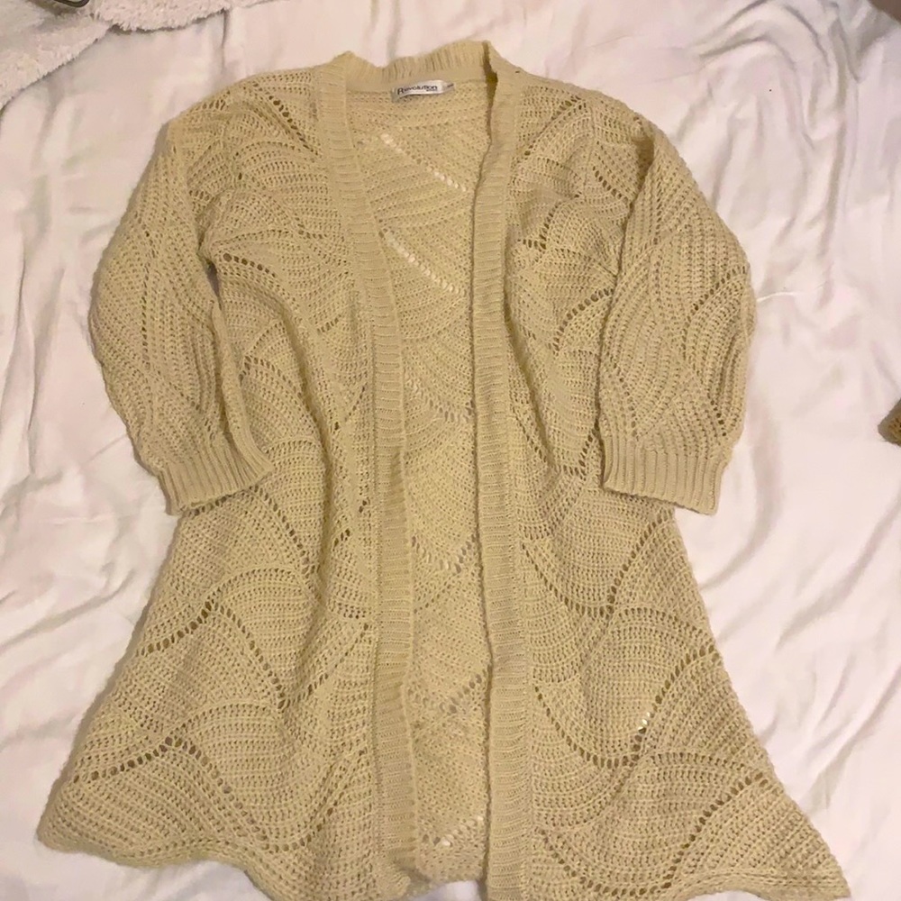 Revolution small cream/tan cardigan. Elbow length sleeves, it is soft knit.